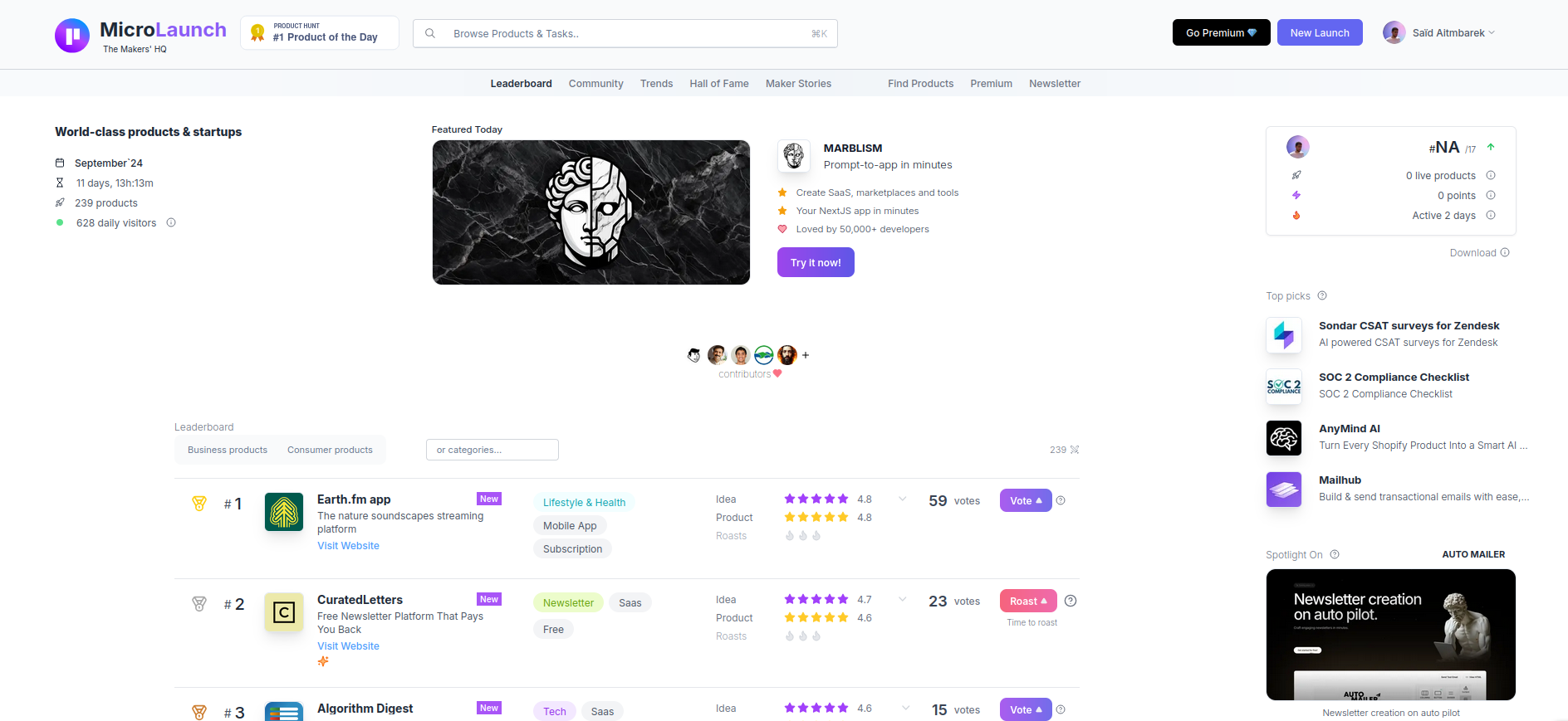 Microlaunch Leaderboard Home Page
