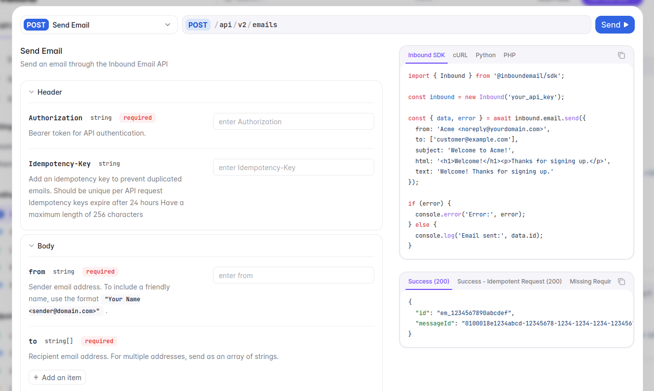 Screenshot demonstrating email parsing dashboard and inbound email SDK usage