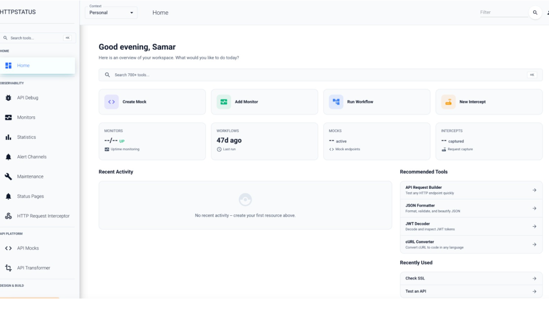 API testing and developer tools platform with 700+ free tools and an MCP server that lets AI assistants mock, test, scan, and monitor APIs directly from chat.