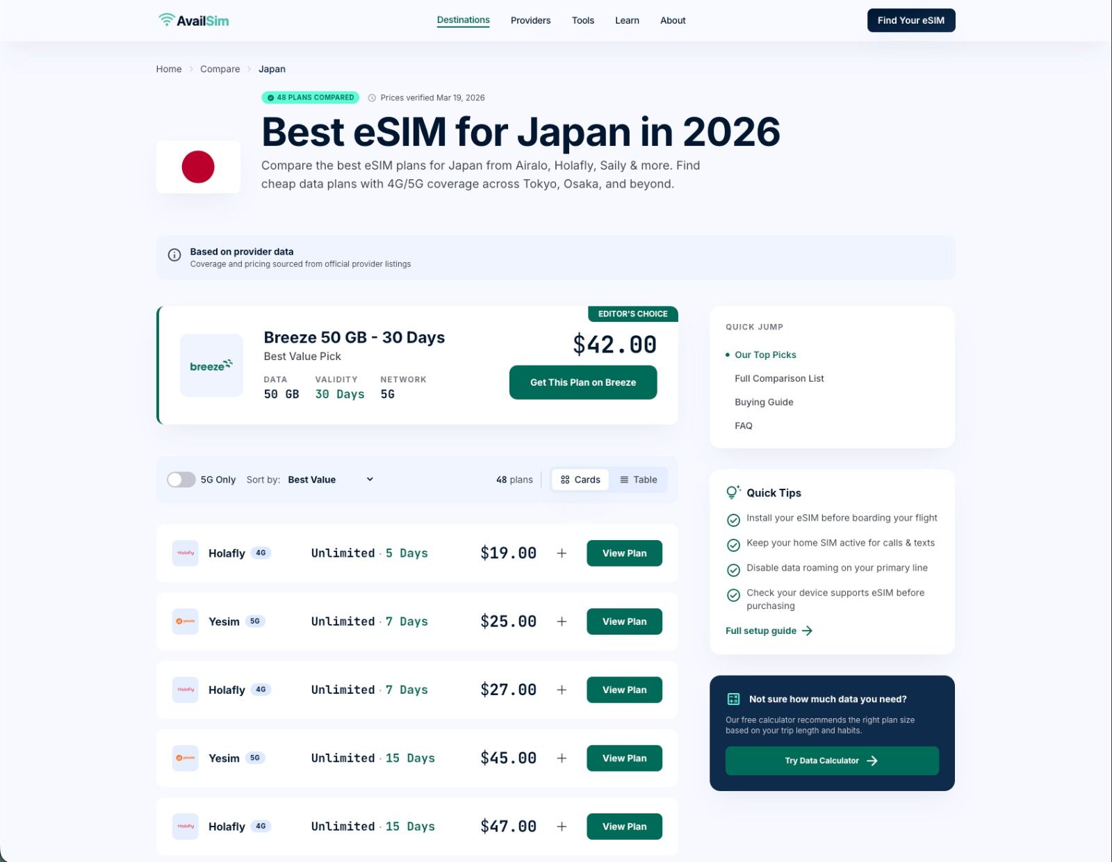 AvailSim is a free eSIM comparison tool that helps international travelers find the best prepaid data plans across 15+ providers and 30+ countries with side-by-side pricing, coverage, and speed comparisons.