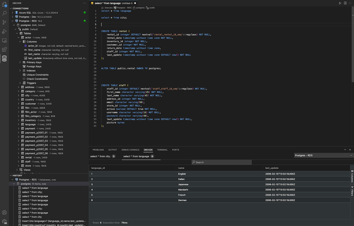 Query databases directly from Visual Studio Code using DBCode